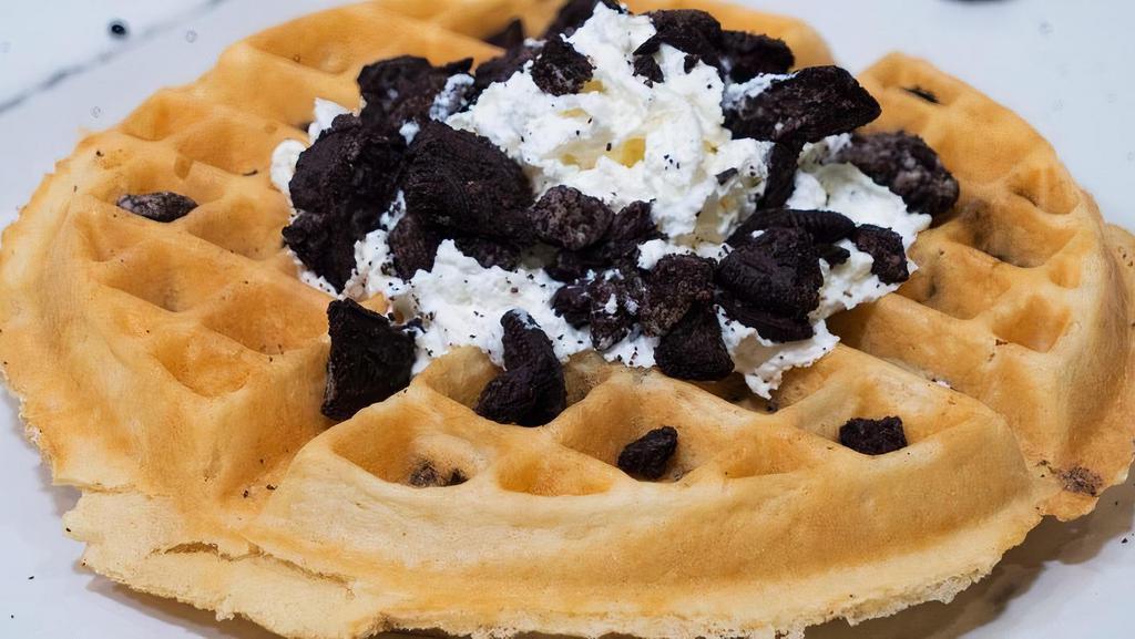 Cookies N Cream Waffle · Crushed Oreo Cookie Waffle Topped with Whipped Cream