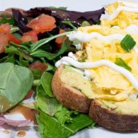 Womelette Toast · Avocado, Egg Womelette, Green Onions and Sour Cream