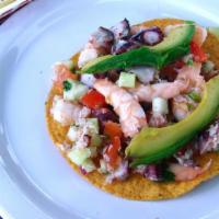 Mixed Ceviche Tostada / Tostada Mixta · Small serving of ceviche (choice of 2 proteins), 3 tostadas, avocado on top. Sprinkled dried...
