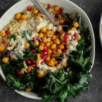 Kale Bowl · Gluten-free and soy free. Bed of seasonal kale topped with black beans and quinoa, dressed w...