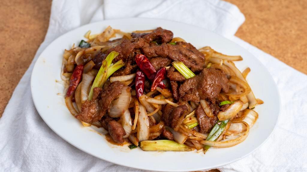 MONGOLIAN BEEF OR LAMB · Slices of beef or lamb sauteed with scallions, onions and roasted red hot peppers in our special spicy sauce.