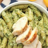 Chicken al Pesto · Grilled chicken breast over penne pasta with our pesto sauce, parmesan cheese and EVOO. <br ...