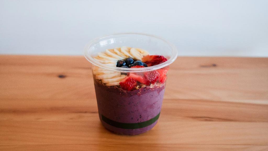 Original Acai · Crafted with Almond Milk, Acai, Banana, Strawberry and Blueberry. Topped with GF Granola, Banana, Strawberry, Blueberry, and Honey.