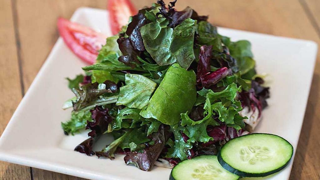 HOUSE SALAD · mixed greens, cucumber and cherry tomato tossed in balsamic vinaigrette
