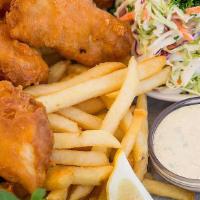 FISH & CHIPS · beer battered flakey cod served with fries and slaw served with tartar sauce