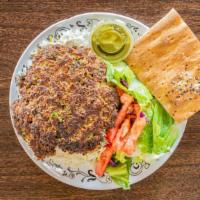 Beef Chapli Kabob · 2 patties seasoned beef with salad, bread, and Sahara sauce