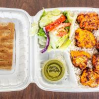 Joojeh Kabob Boneless (Thigh) · 1 skewer Persian marinated chicken thigh with bread and salad