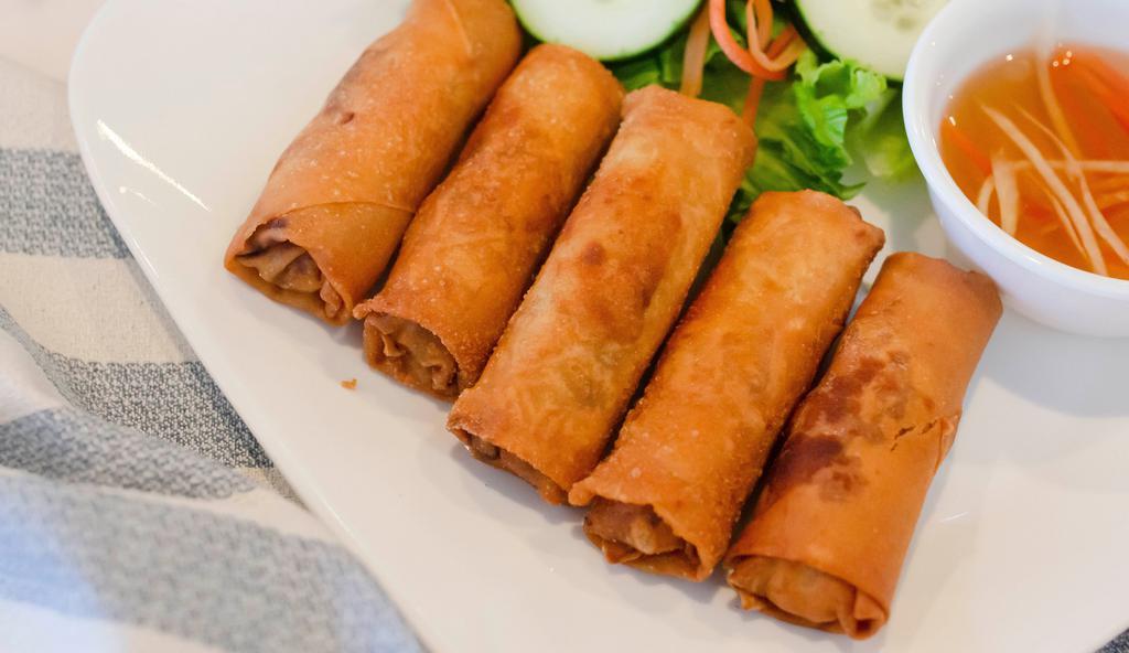 Taro Egg Rolls (CHẢ GIÒ KHOAI MÔN) · Egg rolls with shrimp, meat, mushroom, and carrot stuffing.
Served with sweet fish sauce.