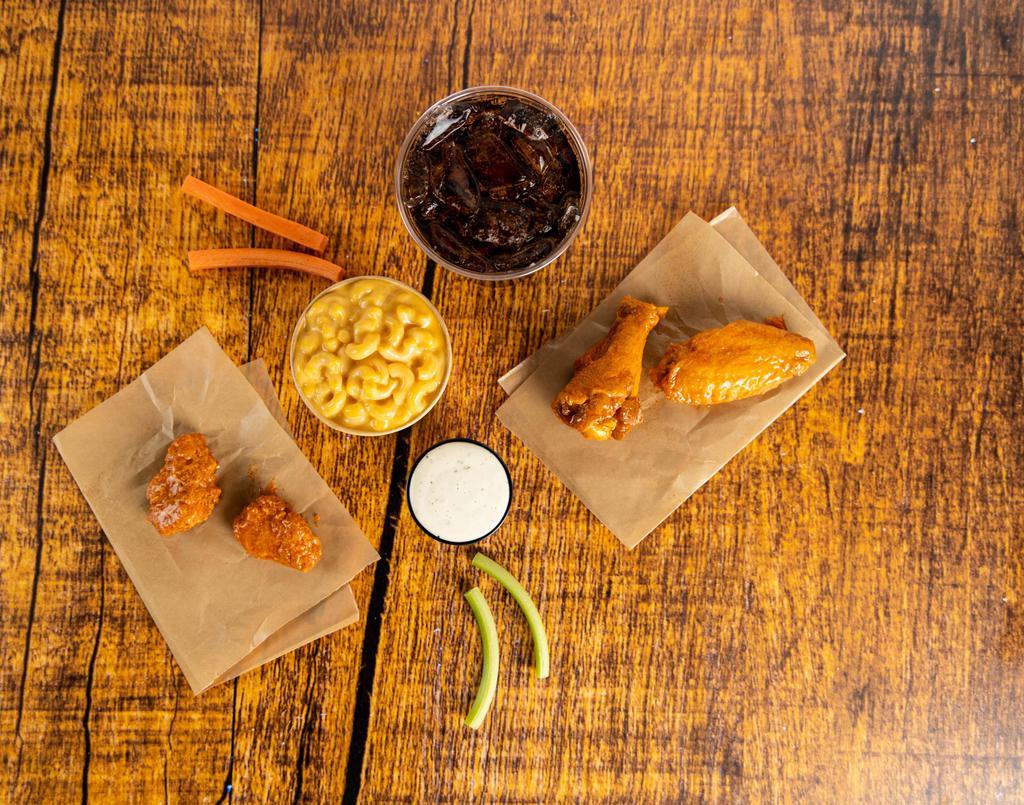 Combo · Your choice of wings (4 count) tossed in a flavor or naked with a flavor on the side. Comes with a side of mac & cheese and drink of your choice.