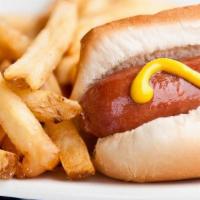 Hot Dog · Hot dog in a hot dog bun with house cut fries.