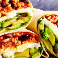 Vegetarian Burrito · Rice, beans, onion, cilantro, tomatoes, lettuce, cheese, sour cream, avocado, and salsa.