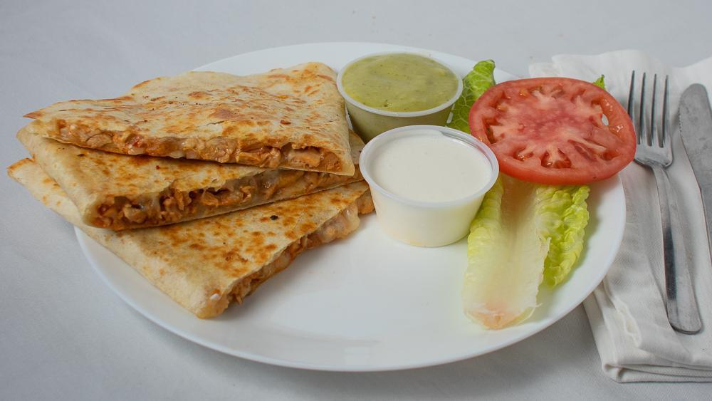 Meat Quesadilla · Choice of meat, melted cheese, lettuce, and tomatoes.