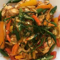 Stir-Fried Red Curry · This one is hot! A medley of proteins and vegetables stir-fried in spicy red curry paste. Bo...