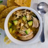 Caldo de Pollo · Mexican chicken soup, rice, breast of chicken, pico de gallo, avocado, served with corn or f...