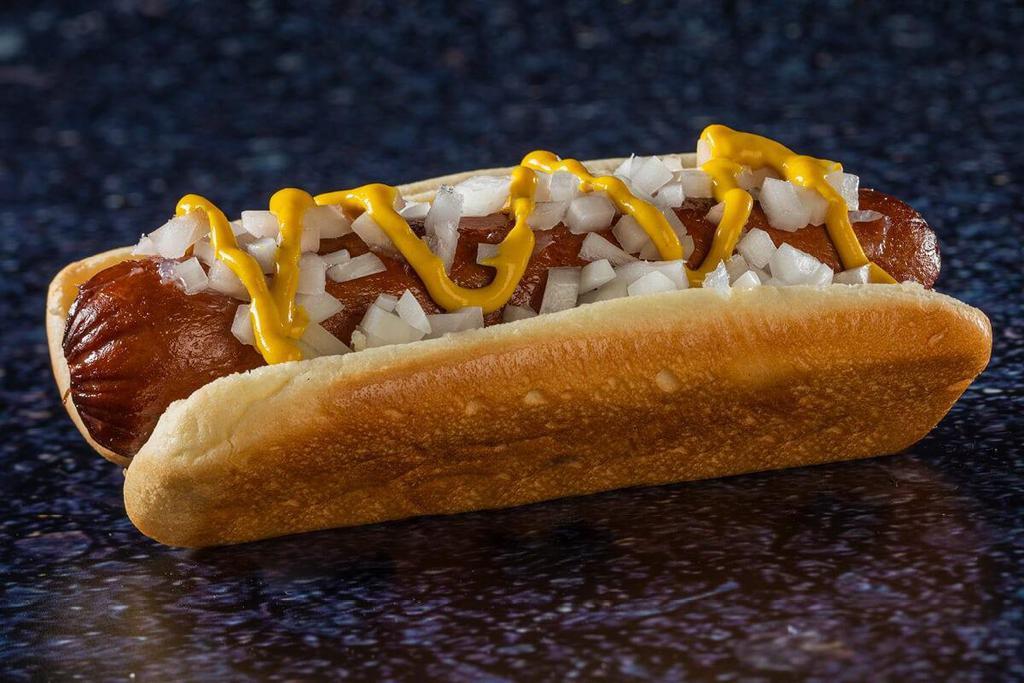 Classic Hot Dog · All meat hot dog with mustard & diced white onion on a soft hot dog bun