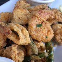 Fritto Misto · fried shrimp, squid and green beans served with caper & lemon aioli, house cocktail sauce an...