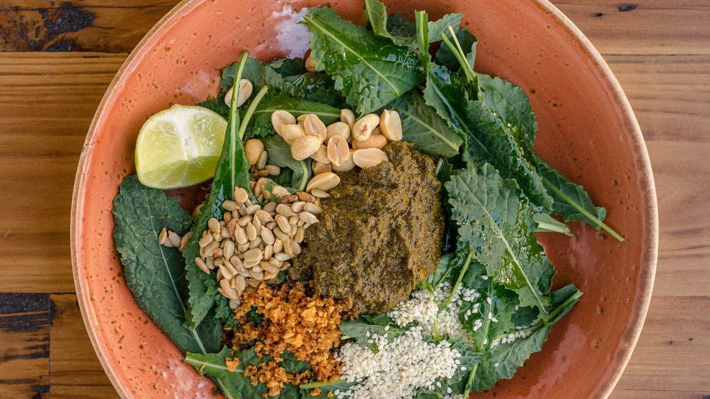Tea Leaf Kale Salad (Vegetarian) · Gluten Free. Vegan. With baby kale, roasted nuts and seeds.