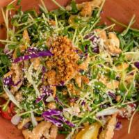 Ginger Chicken Salad · Gluten free. With all natural meat, ginger, cabbage, peas shoots, roasted sesame, cherry tom...
