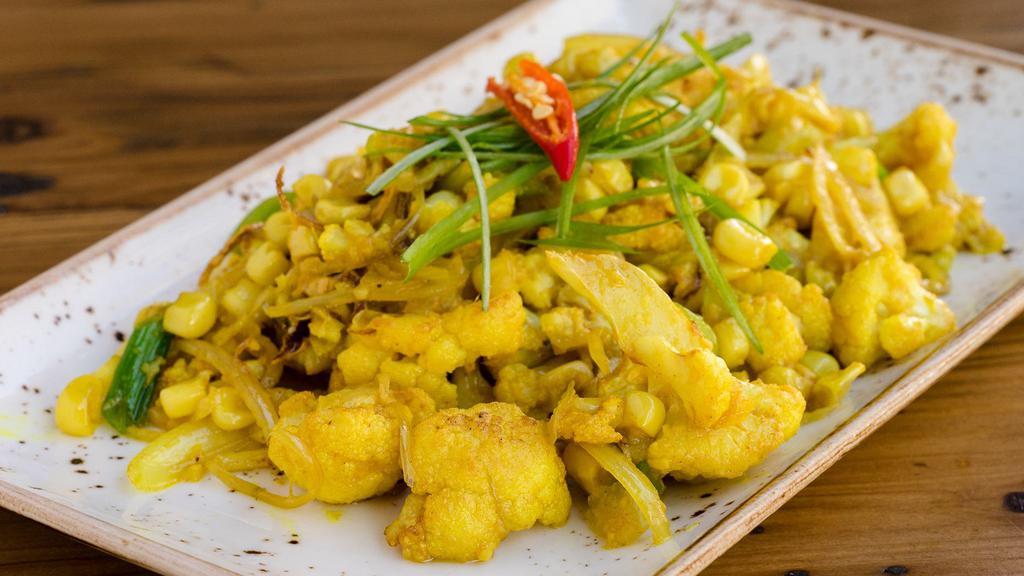 Cauliflower with Sweet Corn · Gluten Free. Vegan. Tossed with turmeric, garlic, ginger, onion and spices.