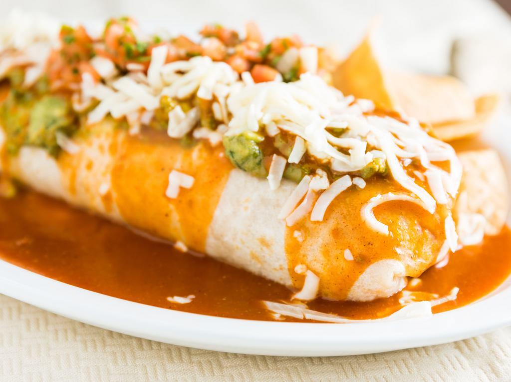 El Expresso Burrito with Cheese · Rice & refried beans, guac, pico, expresso sauce, cheese on top. NO MEAT*