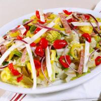 Italian Chop Salad · romaine, Mediterranean olives, red onion, Italian salami, banana & peppadew peppers, shaved ...