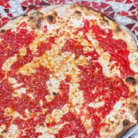 Original Tomato Pie with Cheese · Hand crushed tomato sauce, mozzarella, garlic, and oregano.