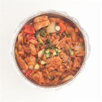 Chicken Bulgogi (Spicy BBQ chicken) 치킨불고기 · served with stone pot.