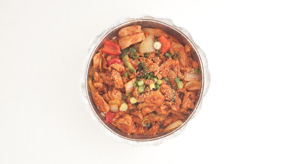 Chicken Bulgogi (Spicy BBQ chicken) 치킨불고기 · served with stone pot.