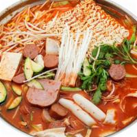 Boodae JunGol 부대전골 · AKA korean military soup. Hot assorted casserole served with vegetables, tofu, ham, sausages...