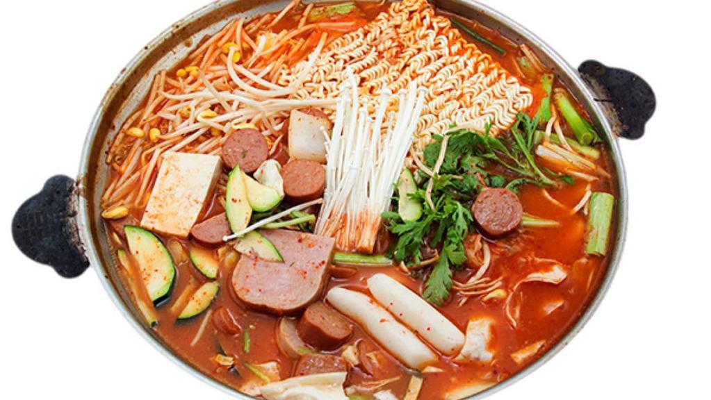 Boodae JunGol 부대전골 · AKA korean military soup. Hot assorted casserole served with vegetables, tofu, ham, sausages and ramen in beef bone broth. (2-3 serving)