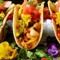 Nopales Masala Tacos · Nopales & Seasonal Veggies, Spanish Rice Pulao, Cholae, Artisan Salsa + Tortilla Chips