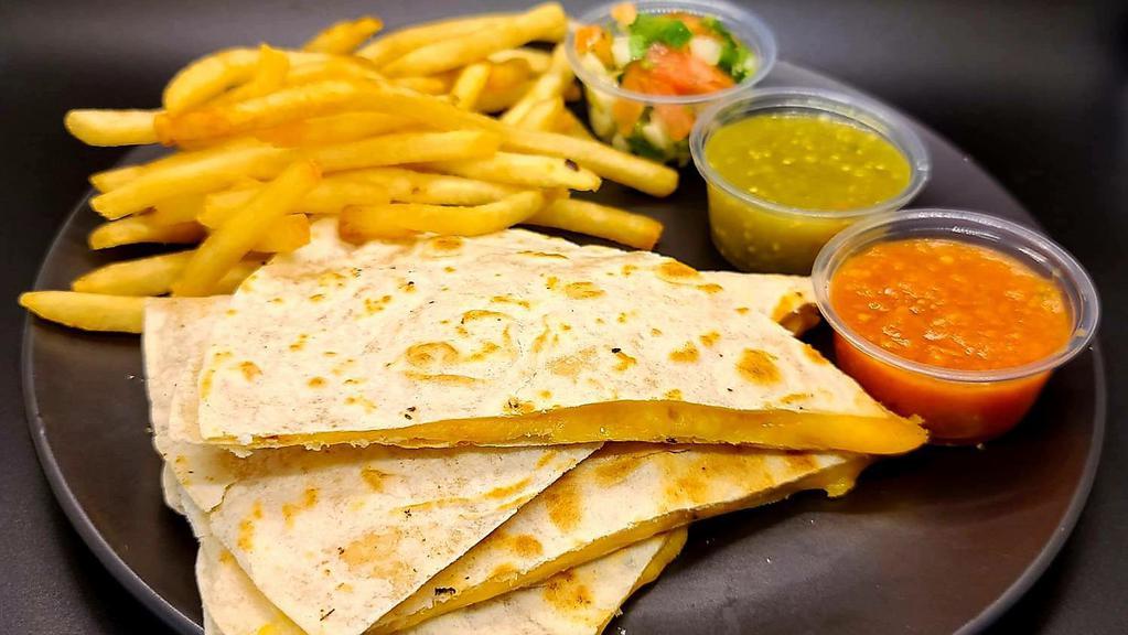 Achari Cheese Quesadilla Combo · Flour Tortilla filled with melted Mexican cheese and achar pickle spices. Served with Salsa. Choice of Tortilla Chips, Achari Street Fries, or Traditional French Fries
