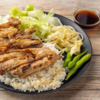 Chicken Teriyaki Plate · Served with rice, salad, and veg.