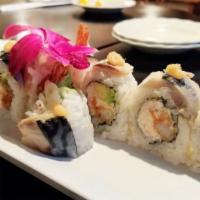 10. I Love Saba Roll · Inside: crab meat, avocado, shrimp tempura on top with saba, fresh ginger, and green onion.
...