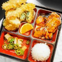 2 Items Bento · Served with soup, salad and rice.