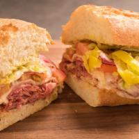 San Franciscan · smoked pastrami, slow roasted turkey, melted provolone, crunchy lettuce, tomato, red onion, ...