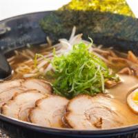 Asahi's Chashu Ramen · braised pork belly (chashu pork), green onions, bean sprouts, bamboo shoots, half egg