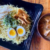 Tsukemen Dipping Cold Noodle · warm yuzu-soy flavored dipping sauce, cubed chashu pork, green onions, bean sprouts, two hal...
