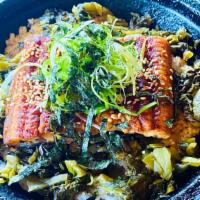 Grilled Unagi Yakimeshi · grilled eel, pickled mustard takana leaves, green onions, sesame seeds, nori seaweed