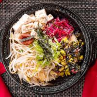 Vegetarian Yakimeshi · crispy fried rice with tofu, edamame hijiki seaweed, ginger wakame, bean sprouts, green onio...