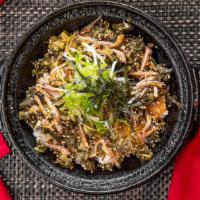 Mentai & Takana Yakimeshi · crispy fried rice with spicy cod roe, pickled mustard takena leaves, dried anchovies, green ...