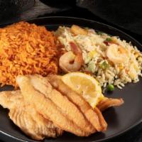 #Jollof rice & Antioch rice w/ Catfish or Tilapia fillet  · Half & Half Combo Rice