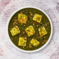 Saag Paneer · Cubes of fresh cottage cheese cooked in a spinach gravy infused with garlic, ginge, and spic...