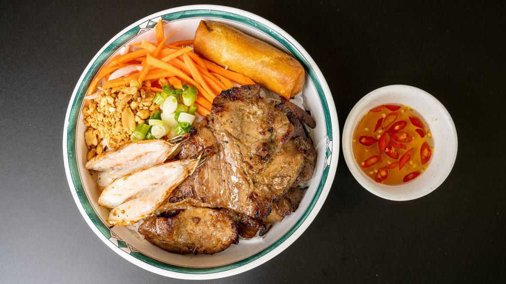 B8. Bun thit nuong, tom nuong, cha gio · Vermicelli with grilled pork, shrimp and egg roll.