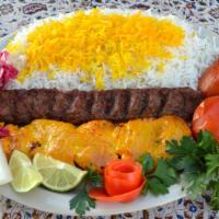 Gorgan Plate · One skewer of ground beef and one skewer of cube chicken Marinated with house spices,
with r...