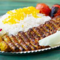 Yazd Chicken Koobideh Kebab · Two Skewers of Ground chicken Kebab with house spices, grilled tomato and Saffron Rice