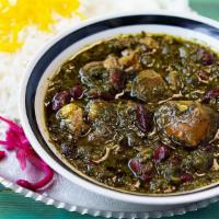 2. Shahsavar Ghormeh Sabzi with Meat · Dish made with beef herbs, beans and sundried limes, fresh parsley, spring onions, fresh lee...