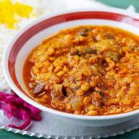 3. Hazrati Gheimeh Bademjan · Beef, onion, garlic, bademjan or eggplant, split yellow peas, turmeric, ground saffron.