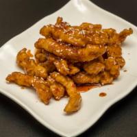 E13. Thai Orange Chicken · Boneless battered chicken breast wok-tossed in house-made sweet and tangy sauce on top with ...