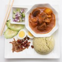 R1. Penang Nasi Lemak  · Medium Spicy. Rendang beef served with boiled  egg, roasted peanuts, cucumber  salad, anchov...
